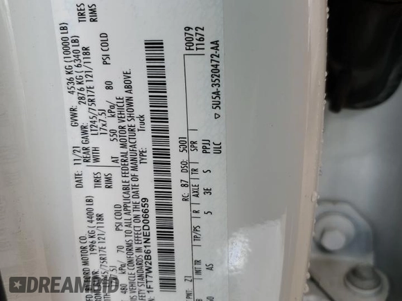 2022 Ford F-250 XL z VIN 1FT7W2B61NED06659, wystawiony jako Copart lot #61489105 z przebiegiem 43 770 mil mil oraz Czysty tytuł • Clean title. Historia ofert i sprzedaży dostępna na DreamBid. Obrazek 12.