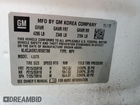 2018 Buick Encore Preferred with VIN KL4CJASB2JB592788, listed as a Copart auction lot 50363145 with 112,630 mi miles and Salvage Title. Bid and sale history available at DreamBid. Image 12.