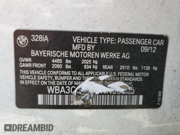 2012 BMW 3 Series 328i with VIN WBA3A5G51CNP18105, listed as a Copart auction lot 57418035 with 120,575 mi miles and Salvage title. Bid and sale history available at DreamBid. Image 12.