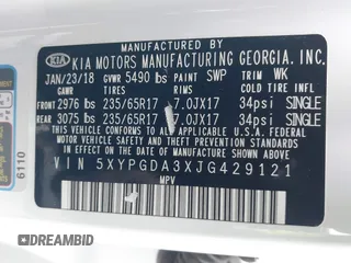 2018 Kia Sorento LX z VIN 5XYPGDA3XJG429121, wystawiony jako IAAI lot #42351051 z przebiegiem 108 106 mil mil oraz . Historia ofert i sprzedaży dostępna na DreamBid. Obrazek 9.