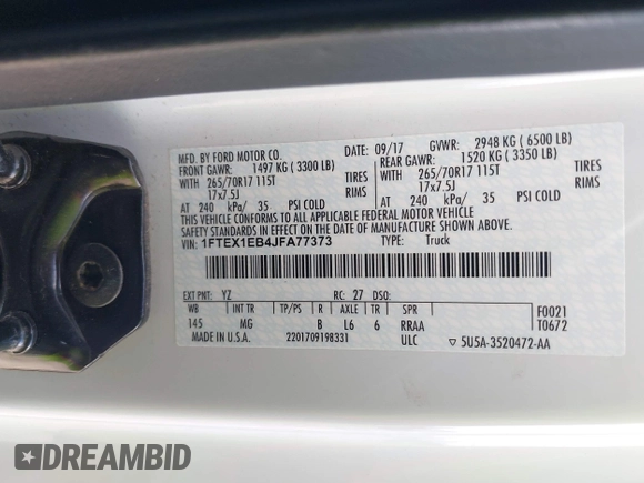 2018 Ford F-150 XL with VIN 1FTEX1EB4JFA77373, listed as a IAAI auction lot 41813197 with 235,251 mi miles and . Bid and sale history available at DreamBid. Image 9.