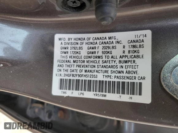 2015 Honda Civic EX-L with VIN 2HGFB2F90FH512353, listed as a Copart auction lot 54931545 with 150,461 mi miles and Salvage Title. Bid and sale history available at DreamBid. Image 13.