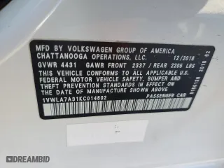 2019 Volkswagen Passat 2.0T Wolfsburg Edition with VIN 1VWLA7A31KC014502, listed as a Copart auction lot 82886864 with 77,181 mi miles and Salvage Title. Bid and sale history available at carsss.com. Image 15.