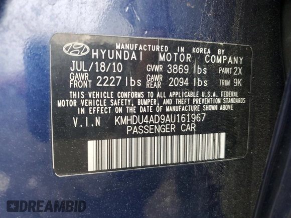 2010 Hyundai Elantra GLS z VIN KMHDU4AD9AU161967, wystawiony jako Copart lot #56753695 z przebiegiem 89 341 mil mil oraz Szkoda całkowita • Salvage title. Historia ofert i sprzedaży dostępna na DreamBid. Obrazek 12.