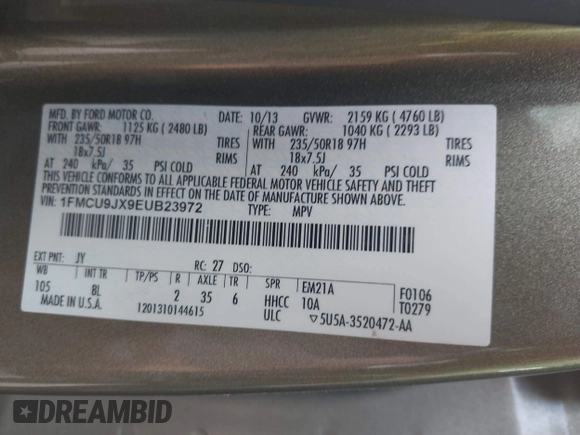 2014 Ford Escape Titanium with VIN 1FMCU9JX9EUB23972, listed as a IAAI auction lot 42217298 with 164,556 mi miles and . Bid and sale history available at DreamBid. Image 9.