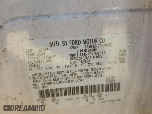 2019 Ford Edge SEL with VIN 2FMPK3J92KBB00766, listed as a Copart auction lot 46749035 with 66,144 mi miles and Salvage title. Bid and sale history available at DreamBid. Image 15.