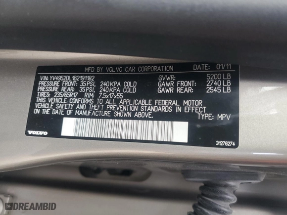 2011 Volvo XC60 3.2L with VIN YV4952DL1B2191182, listed as a Copart auction lot 52683585 with 126,294 mi miles and Salvage Title. Bid and sale history available at carsss.com. Image 13.