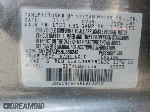2017 Nissan Versa SV with VIN 3N1CN7AP5HL868242, listed as a Copart auction lot 60839025 with 39,965 mi miles and Salvage title. Bid and sale history available at DreamBid. Image 13.