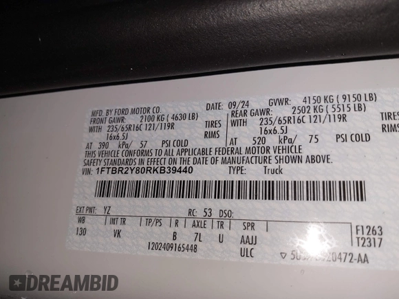 2024 Ford Transit Cargo with VIN 1FTBR2Y80RKB39440, listed as a IAAI auction lot 41518278 with 1,111 mi miles and . Bid and sale history available at DreamBid. Image 9.