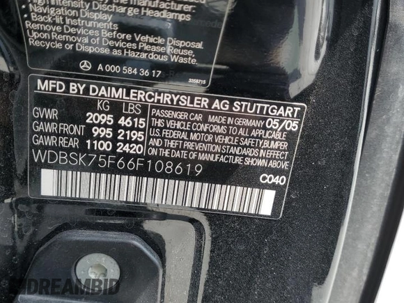 2006 Mercedes-Benz SL 500 with VIN WDBSK75F66F108619, listed as a Copart auction lot 55558014 with 81,686 mi miles and Clean title. Bid and sale history available at DreamBid. Image 12.
