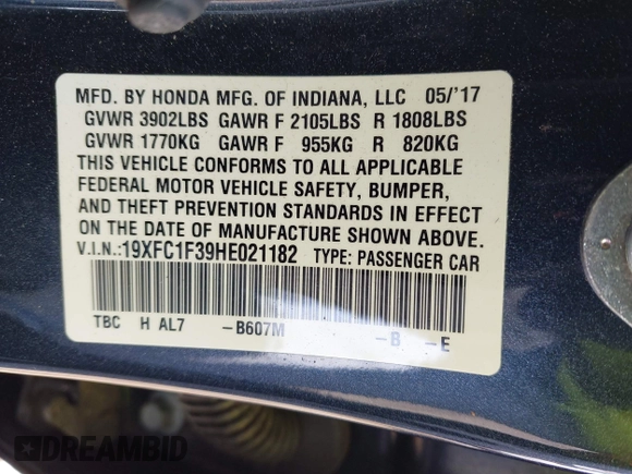 2017 Honda Civic Sedan EX-T with VIN 19XFC1F39HE021182, listed as a IAAI auction lot 41987404 with 88,733 mi miles. Bid and sale history available at carsss.com. Image 9.