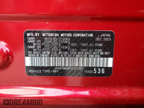2024 Mitsubishi Eclipse Cross SE z VIN JA4ATWAA6RZ041287, wystawiony jako Copart lot #52700725 z przebiegiem 9 267 mil mil oraz Szkoda całkowita • Salvage title. Historia ofert i sprzedaży dostępna na DreamBid. Obrazek 15.