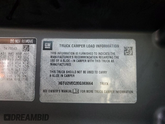 2014 GMC Sierra 1500 SLT with VIN 3GTU2VEC2EG383664, listed as a Copart auction lot 62338525 with 75,468 mi miles and Salvage title. Bid and sale history available at DreamBid. Image 12.