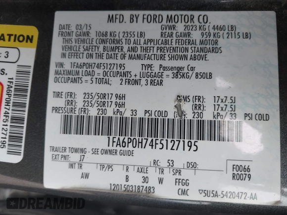 2015 Ford Fusion SE with VIN 1FA6P0H74F5127195, listed as a IAAI auction lot 42295689 with 76,237 mi miles and . Bid and sale history available at DreamBid. Image 9.