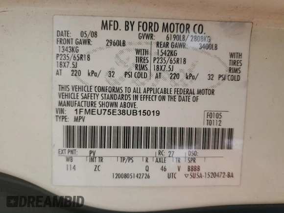 2008 Ford Explorer Limited с VIN 1FMEU75E38UB15019, выставлен на аукционе Copart как лот 52028685 с пробегом Не указан миль и Чистый • Clean title. История ставок и продаж доступна на DreamBid. Изображение 13.