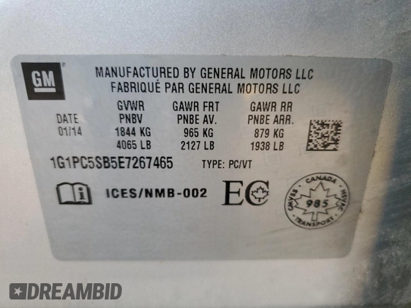 2014 Chevrolet Cruze 1LT with VIN 1G1PC5SB5E7267465, listed as a Copart auction lot 69096584 with 118,077 mi miles and Clean Title. Bid and sale history available at carsss.com. Image 13.