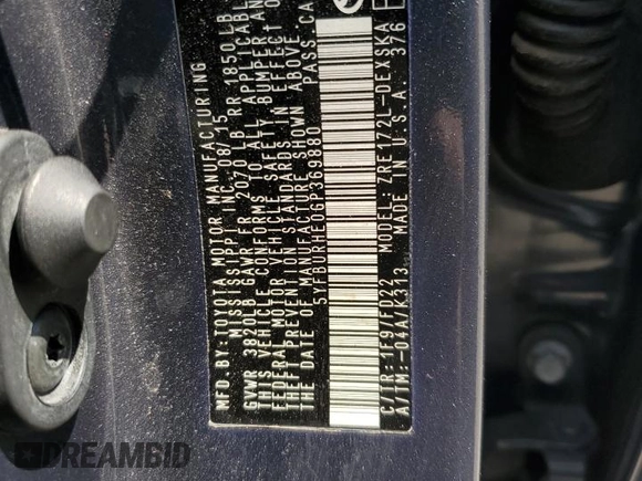 2016 Toyota Corolla L with VIN 5YFBURHE0GP369880, listed as a Copart auction lot 62678975 with 123,654 mi miles and Salvage title. Bid and sale history available at DreamBid. Image 12.