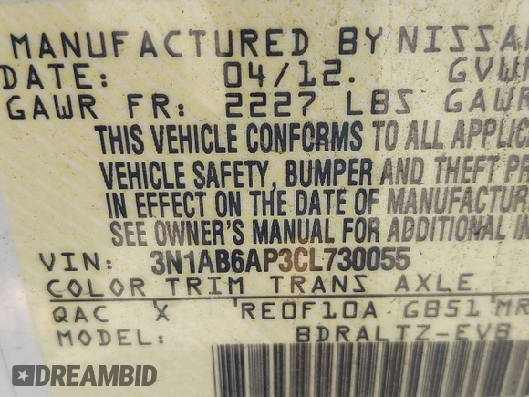2012 Nissan Sentra SR with VIN 3N1AB6AP3CL730055, listed as a IAAI auction lot 42128245 with 56,368 mi miles and . Bid and sale history available at DreamBid. Image 9.