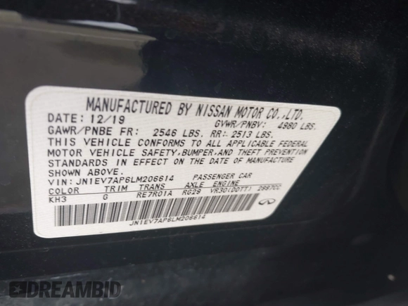 2020 Infiniti Q50 3.0t LUXE with VIN JN1EV7AP6LM206614, listed as a IAAI auction lot 41868604 with 54,247 mi miles. Bid and sale history available at carsss.com. Image 9.