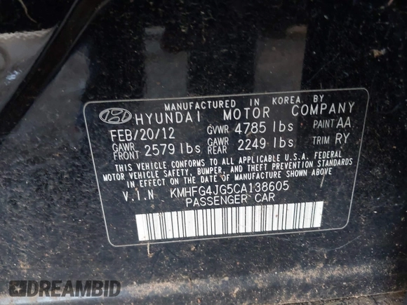2012 Hyundai Azera with VIN KMHFG4JG5CA138605, listed as a IAAI auction lot 42690936 with 148,801 mi miles and . Bid and sale history available at DreamBid. Image 9.