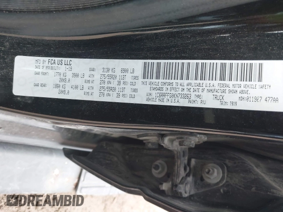 2019 Ram 1500 Big Horn/Lone Star with VIN 1C6RRFFG0KN733263, listed as a IAAI auction lot 41077579 with 85,259 mi miles. Bid and sale history available at carsss.com. Image 9.