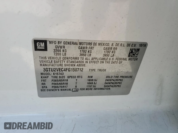 2015 GMC Sierra 1500 SLT with VIN 3GTU2VEC4FG150712, listed as a Copart auction lot 52424765 with 122,366 mi miles and Salvage Title. Bid and sale history available at DreamBid. Image 12.