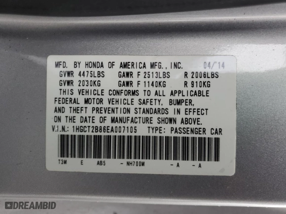 2014 Honda Accord Coupe EX-L with VIN 1HGCT2B86EA007105, listed as a Copart auction lot 44216105 with 107,552 mi miles and Salvage Title. Bid and sale history available at carsss.com. Image 12.