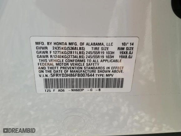 2015 Acura MDX Advance/Entertainment Pkg with VIN 5FRYD3H86FB007644, listed as a Copart auction lot 83615054 with 58,942 mi miles and Non Repairable. Bid and sale history available at carsss.com. Image 14.
