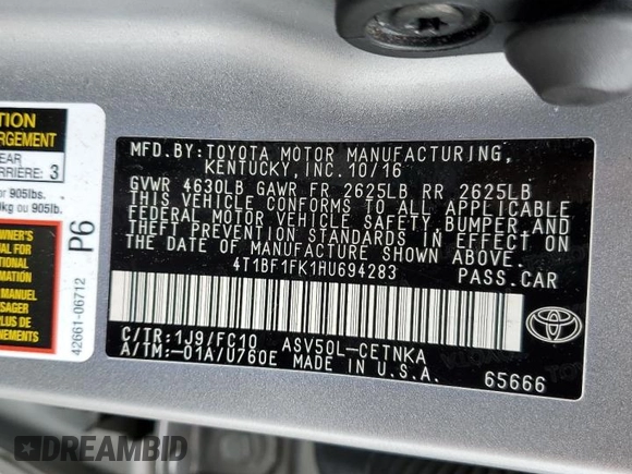 2017 Toyota Camry XLE z VIN 4T1BF1FK1HU694283, wystawiony jako Copart lot #51788175 z przebiegiem 94 249 mil mil oraz Szkoda całkowita • Salvage title. Historia ofert i sprzedaży dostępna na DreamBid. Obrazek 12.
