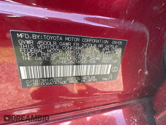 2006 Lexus IS 350 z VIN JTHBE262165001506, wystawiony jako Copart lot #87470374 z przebiegiem 213 188 mil mil oraz Czysty tytuł • Clean title. Historia ofert i sprzedaży dostępna na DreamBid. Obrazek 10.