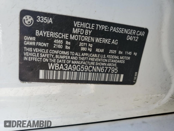 2012 BMW 3 Series 335i z VIN WBA3A9G59CNN67795, wystawiony jako Copart lot #84110454 z przebiegiem 160 986 mil mil oraz Szkoda całkowita • Salvage title. Historia ofert i sprzedaży dostępna na DreamBid. Obrazek 12.