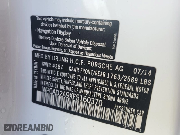 2015 Porsche 911 Turbo S with VIN WP0AD2A9XFS160370, listed as a Copart auction lot 77165054 with 19,235 mi miles and Salvage Title. Bid and sale history available at DreamBid. Image 14.