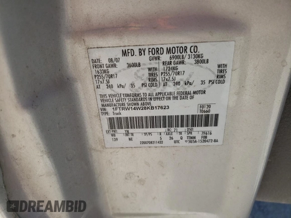2008 Ford F-150 XL with VIN 1FTRW14W28KB17623, listed as a Copart auction lot 52958655 with 267,463 mi miles and Salvage title. Bid and sale history available at DreamBid. Image 13.