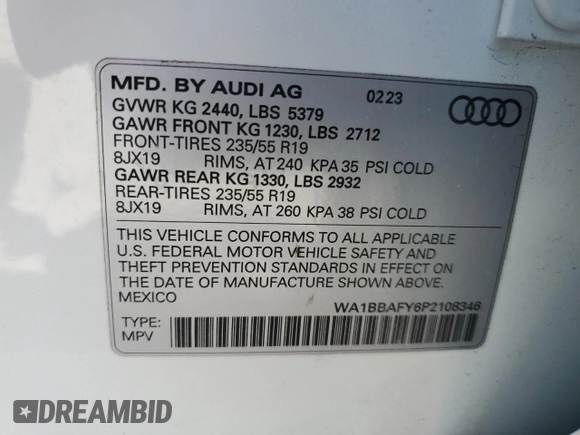 2023 Audi Q5 Premium Plus with VIN WA1BBAFY6P2108346, listed as a Copart auction lot 51733395 with 15,567 mi miles and Salvage title. Bid and sale history available at DreamBid. Image 13.