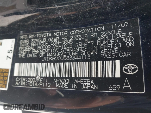 2008 Toyota Prius with VIN JTDKB20U583344113, listed as a IAAI auction lot 41612355 with 362,138 mi miles. Bid and sale history available at carsss.com. Image 9.