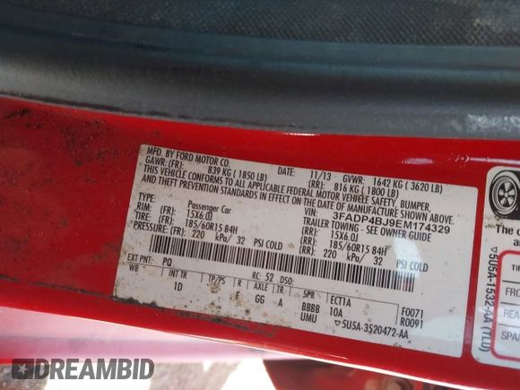 2014 Ford Fiesta SE with VIN 3FADP4BJ9EM174329, listed as a IAAI auction lot 42003743 with 86,744 mi miles. Bid and sale history available at carsss.com. Image 9.