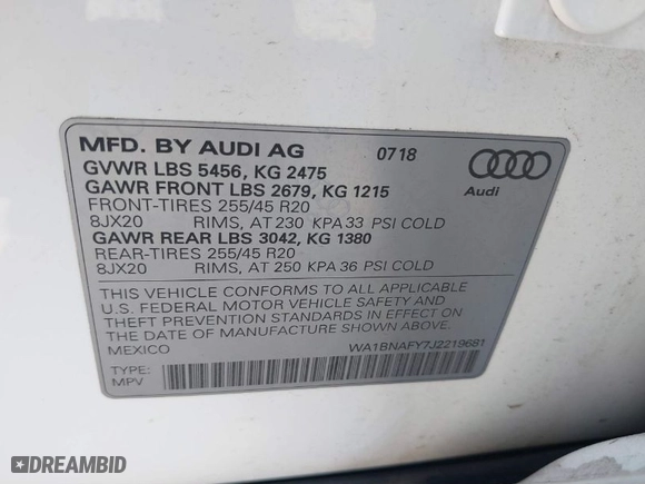 2018 Audi Q5 Premium Plus with VIN WA1BNAFY7J2219681, listed as a IAAI auction lot 41341437 with 67,628 mi miles. Bid and sale history available at carsss.com. Image 9.