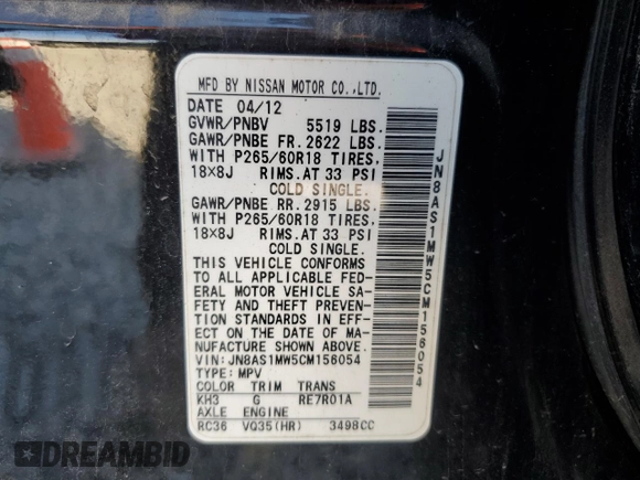 2012 Infiniti FX35 with VIN JN8AS1MW5CM156054, listed as a Copart auction lot 78185764 with 186,803 mi miles and Salvage Title. Bid and sale history available at carsss.com. Image 13.