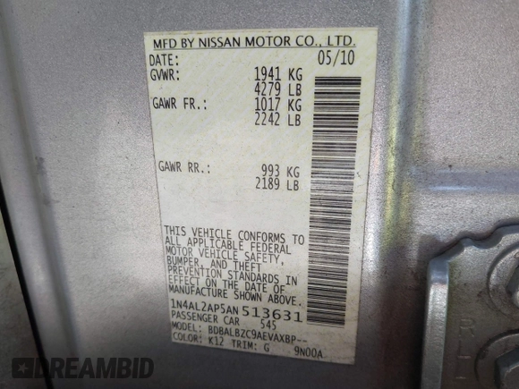 2010 Nissan Altima 2.5 S with VIN 1N4AL2AP5AN513631, listed as a IAAI auction lot 42014908 with 205,798 mi miles. Bid and sale history available at carsss.com. Image 9.