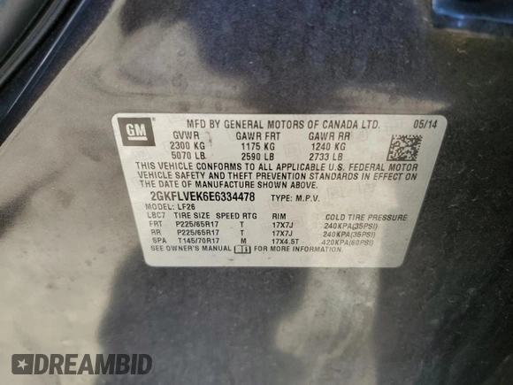 2014 GMC Terrain SLE with VIN 2GKFLVEK6E6334478, listed as a Copart auction lot 49378775 with 152,879 mi miles and Salvage Title. Bid and sale history available at carsss.com. Image 13.