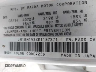 2014 Mazda 3 S Touring with VIN JM1BM1V3XE1187271, listed as a IAAI auction lot 41857386 with 168,104 mi miles and . Bid and sale history available at DreamBid. Image 9.