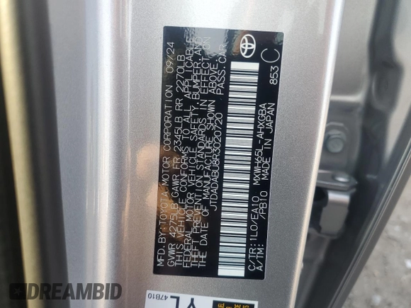 2024 Toyota Prius LE with VIN JTDADABU8R3020720, listed as a Copart auction lot 60815005 with 2,594 mi miles and Salvage title. Bid and sale history available at DreamBid. Image 12.