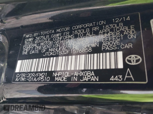 2015 Toyota Prius One with VIN JTDKDTB32F1576858, listed as a IAAI auction lot 41950052 with Not Provided miles and . Bid and sale history available at DreamBid. Image 9.