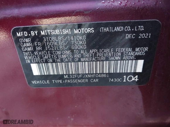 2022 Mitsubishi Mirage G4 ES with VIN ML32FUFJXNHF04861, listed as a IAAI auction lot 41803710 with 14,815 mi miles. Bid and sale history available at carsss.com. Image 9.