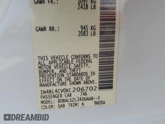 2019 Nissan Altima SR with VIN 1N4BL4CV0KC206702, listed as a Copart auction lot 48730745 with 93,300 mi miles and Salvage Title. Bid and sale history available at carsss.com. Image 14.