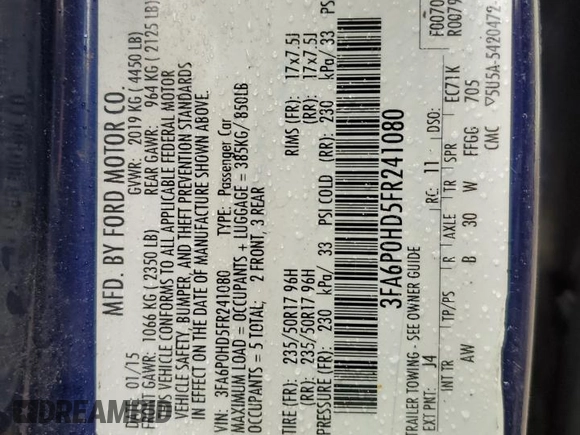 2015 Ford Fusion SE with VIN 3FA6P0HD5FR241080, listed as a Copart auction lot 61129445 with Not provided miles and Non repairable. Bid and sale history available at DreamBid. Image 12.