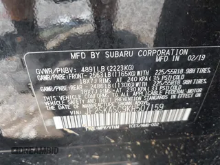 2019 Subaru Forester Limited with VIN JF2SKASC9KH507159, listed as a IAAI auction lot 39870434 with 78,290 mi miles. Bid and sale history available at carsss.com. Image 9.