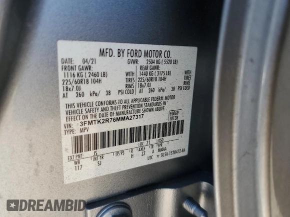 2021 Ford Mustang Mach-E California Route 1 с VIN 3FMTK2R76MMA27317, выставлен на аукционе Copart как лот 51798865 с пробегом Не указан миль и Списание • Salvage title. История ставок и продаж доступна на DreamBid. Изображение 13.