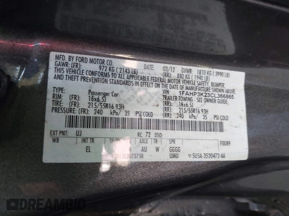 2012 Ford Focus SE z VIN 1FAHP3K23CL366865, wystawiony jako IAAI lot #42140894 z przebiegiem 168 754 mil mil oraz . Historia ofert i sprzedaży dostępna na DreamBid. Obrazek 9.