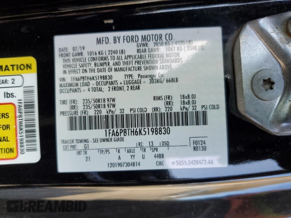 2019 Ford Mustang EcoBoost с VIN 1FA6P8TH6K5198830, выставлен на аукционе Copart как лот 53180235 с пробегом 55 783 миль миль и Списание • Salvage title. История ставок и продаж доступна на DreamBid. Изображение 14.